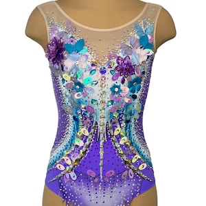 Beautiful lilac with turquoise, with flowers and butterflies Competition Rhythmic Gymnastics Leotard for custom tailoring