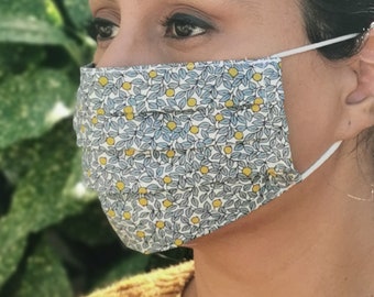Liberty London Blue and Yellow Berry Floral HANDMADE Face Mask Adult 100% Cotton Reusable Washable UK
