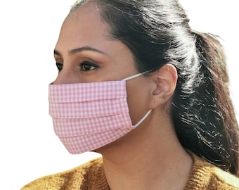 Roze / Marine Gingham HANDGEMAAKT Gezichtsmasker Volwassen 100% Katoen Herbruikbaar Wasbaar UK