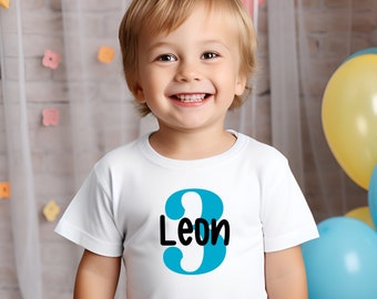 Geburtstagsshirt für Mädchen o. Jungen in bunten Farben als personalisiertes TShirt mit Name & Alter: 3 Shirtfarben - 6 Farben für die Zahl