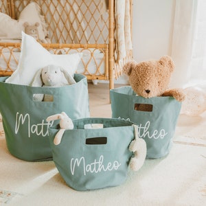 Personalized storage basket with name for toys as a personalized gift for the birth