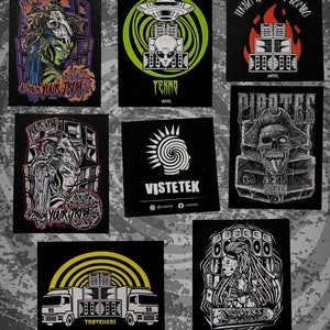 May include: A set of ten black and white stickers with various designs. The stickers feature illustrations of a skull, a creature, a spaceship, a sound system, and a truck. The stickers have the text "Your Vibe", "Tekno", "Vistetek", "Travellers", "Pirotes", and "Ikno Ganas de Bombo" on them.