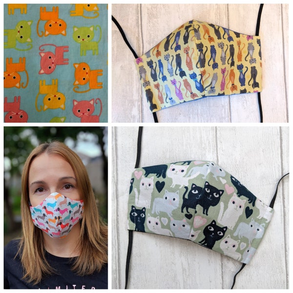 Cat fabric face masks with fused filter - washable 3 layer cotton cloth - adjustable ear loops - Kittens