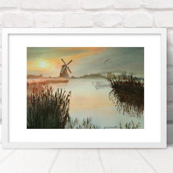 Netherlands  Painting Original, Watercolor landscape art gift for him, man