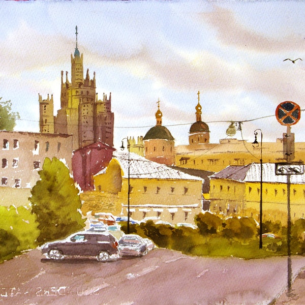 Moscow Painting Original, Watercolor Summer cityscape gift for him, man, husband, boyfriend