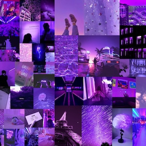 May include: A collage of images in various shades of purple. The images include cityscapes, water reflections, neon lights, and a person with their legs in the air. Some images have text, including "GIRLS GIRLS GIRLS".
