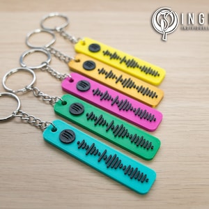 Könnte beinhalten: Ein Set aus fünf bunten Schlüsselanhängern mit einem schwarzen Soundwellen-Design und einem silbernen Schlüsselring. Die Schlüsselanhänger sind in den Farben Gelb, Orange, Pink, Grün und Blau.