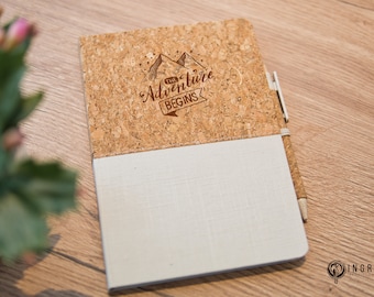 Personalized notebook made of natural cork and cotton including ballpoint pen made of wheat straw plastic with a cork surface