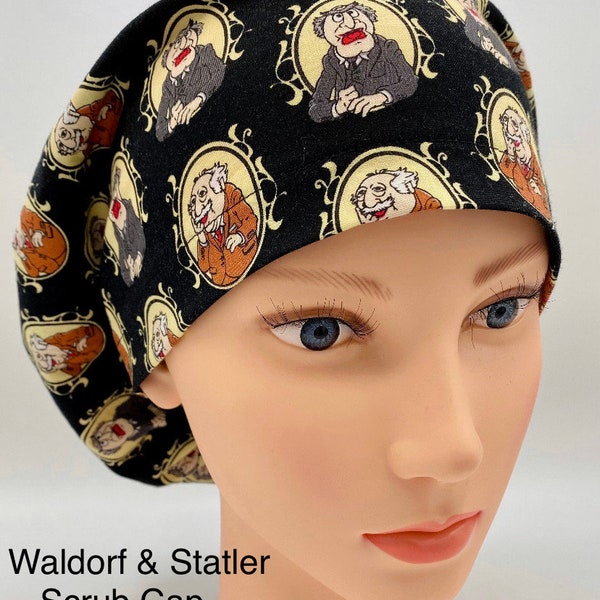 Euro Bouffant / Ponytail Style Surgical Scrub Hat w/ Toggle Closure, Optional Ribbon, Button & Sweatband—Muppets Waldorf and Statler