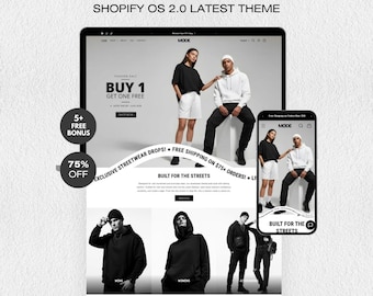 May include: A digital display of a clothing store website template titled CLOTHING STORE SHOPIFY OS 2.0 LATEST THEME. The layout features a hero section with models in streetwear, a mobile view overlay, and circular badges stating 5+ FREE BONUS and 75% OFF.