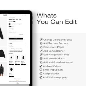 Może przedstawiać: Tablet cyfrowy wyświetla stronę e-commerce sprzedającą czarną kurtkę zapinaną na zamek. Tekst "Whats You Can Edit" znajduje się obok listy opcji edycji, w tym zmiany kolor&oacute;w, tworzenia stron i dodawania produkt&oacute;w.