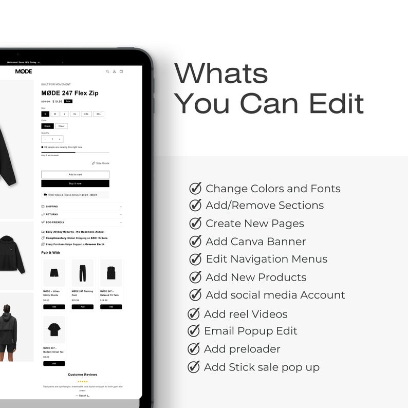Może przedstawiać: Tablet cyfrowy wyświetla stronę e-commerce sprzedającą czarną kurtkę zapinaną na zamek. Tekst "Whats You Can Edit" znajduje się obok listy opcji edycji, w tym zmiany kolor&oacute;w, tworzenia stron i dodawania produkt&oacute;w.