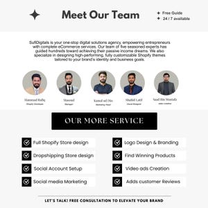 Może przedstawiać: Strona internetowa zatytułowana "Meet Our Team" ze zdjęciami pięciu członk&oacute;w zespołu. Strona wymienia usługi, w tym projektowanie sklep&oacute;w Shopify, projektowanie logo i tworzenie reklam wideo. Tekst brzmi "Free Guide" i "24/7 available."
