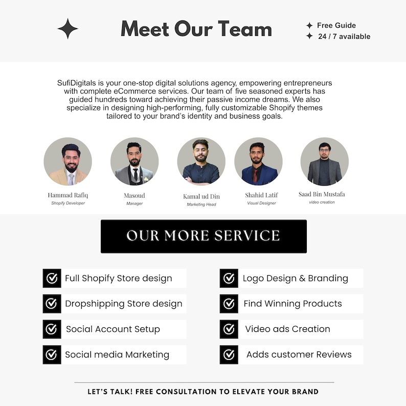 Może przedstawiać: Strona internetowa zatytułowana "Meet Our Team" ze zdjęciami pięciu członk&oacute;w zespołu. Strona wymienia usługi, w tym projektowanie sklep&oacute;w Shopify, projektowanie logo i tworzenie reklam wideo. Tekst brzmi "Free Guide" i "24/7 available."