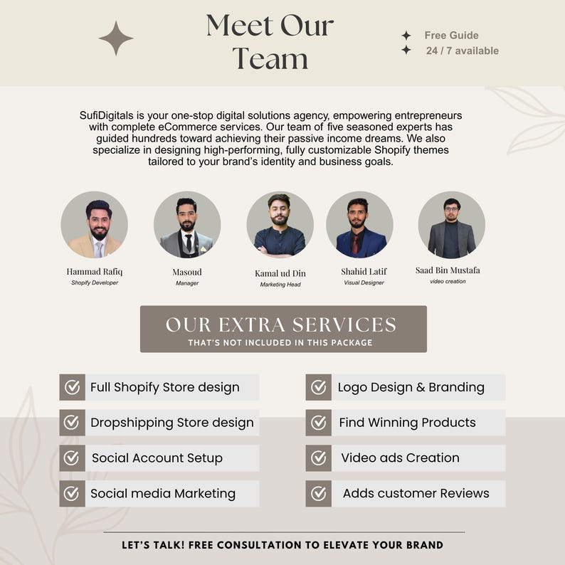 May include: An advertisement for SufiDigitals, a digital solutions agency. The image features the agency's team members, along with a list of services including Shopify store design, logo design, and video ads creation. The text "Meet Our Team" is at the top.
