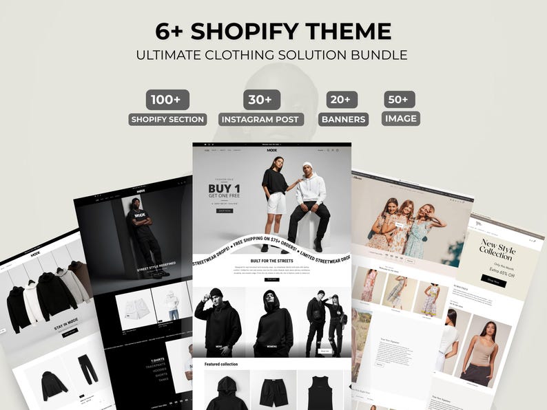 Może przedstawiać: Obraz promocyjny dla pakietu motyw&oacute;w Shopify, prezentujący makiety stron internetowych z odzieżą. Obraz zawiera tekst "6+ Shopify Theme Ultimate Clothing Solution Bundle", wraz z ikonami wskazującymi 100+ sekcji Shopify, 30+ post&oacute;w na Instagramie, 20+ baner&oacute;w i 50+ obraz&oacute;w.