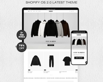 Peut inclure: Un affichage numérique d'un modèle de site web de magasin de vêtements intitulé CLOTHING STORE SHOPIFY OS 2.0 LATEST THEME. L'écran montre une vue bureau et mobile du site MØDE avec des sweats à capuche, pantalons et t-shirts, et des badges 5+ FREE BONUS et 75% OFF.
