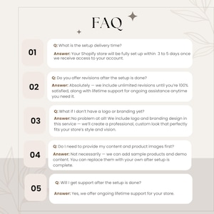 May include: A beige graphic with the title "FAQ" and five numbered questions and answers about Shopify store setup. The answers cover setup time, revisions, logo design, content, and ongoing support.