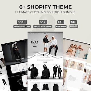 Op de afbeelding: Promotieafbeelding voor een Shopify thema bundel, met website mockups met kleding. De afbeelding bevat de tekst "6+ Shopify Theme Ultimate Clothing Solution Bundle", samen met iconen die 100+ Shopify secties, 30+ Instagram posts, 20+ banners en 50+ afbeeldingen aangeven.