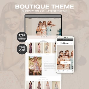 May include: A website design displayed on a laptop and smartphone, showcasing a boutique theme. The laptop screen displays a website with images of dresses. The smartphone shows the website's mobile version. Text includes "BOUTIQUE THEME" and "75% OFF".
