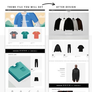 Może przedstawiać: Układ strony internetowej prezentujący odzież. Projekt zawiera grafikę niebieskiej koszuli z napisem "STAY IN MODE". Inne elementy to t-shirty, bluzy z kapturem, spodnie dresowe i szorty. Paleta kolor&oacute;w to gł&oacute;wnie czerń, biel i r&oacute;żne odcienie szarości i turkusu.