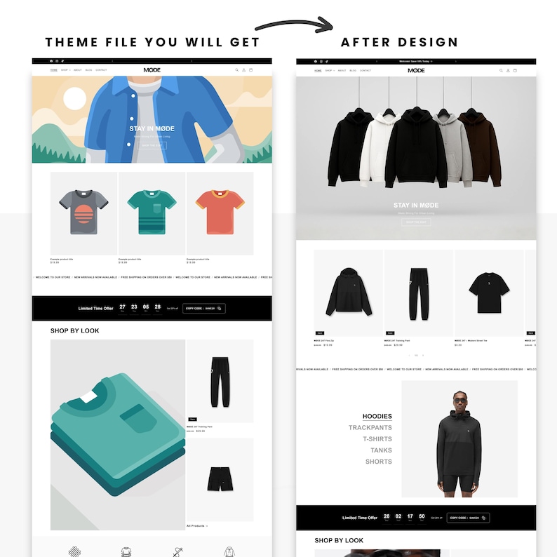 Może przedstawiać: Układ strony internetowej prezentujący odzież. Projekt zawiera grafikę niebieskiej koszuli z napisem "STAY IN MODE". Inne elementy to t-shirty, bluzy z kapturem, spodnie dresowe i szorty. Paleta kolor&oacute;w to gł&oacute;wnie czerń, biel i r&oacute;żne odcienie szarości i turkusu.