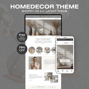 Puede incluir: Un diseño de sitio web para un tema de decoración del hogar se muestra en una computadora portátil y un teléfono inteligente. El sitio web presenta imágenes de jarrones, velas y arreglos florales. El texto incluye "Brighten Your Living Space" y "Shop now."