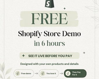 May include: A digital graphic featuring the Shopify logo and the text FREE Shopify Store Demo in 6 hours. Below this, a button reads SEE IT LIVE BEFORE YOU PAY, followed by the text Designed with your own products and details and a process flow.