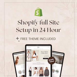 Könnte beinhalten: Werbung für Shopify-Website-Setup-Services. Das Bild zeigt drei Tablets mit Website-Designs, mit dem Shopify-Logo und dem Text: "Shopify full Site Setup in 24 Hour FREE THEME INCLUDED."