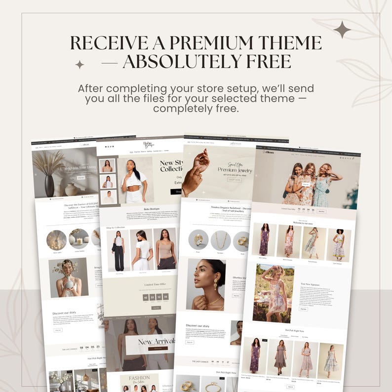 May include: Image of several website mockups with a light background. The websites showcase fashion and jewelry themes, with models and product displays. Text at the top reads "RECEIVE A PREMIUM THEME ABSOLUTELY FREE."