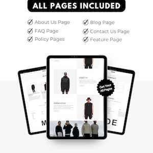 Może przedstawiać: Trzy tablety cyfrowe wyświetlające strony internetowe. G&oacute;rny tablet pokazuje "ALL PAGES INCLUDED" i wymienia strony internetowe. Środkowy tablet wyświetla stronę internetową z odzieżą. Trzeci tablet pokazuje stronę internetową z formularzem kontaktowym.