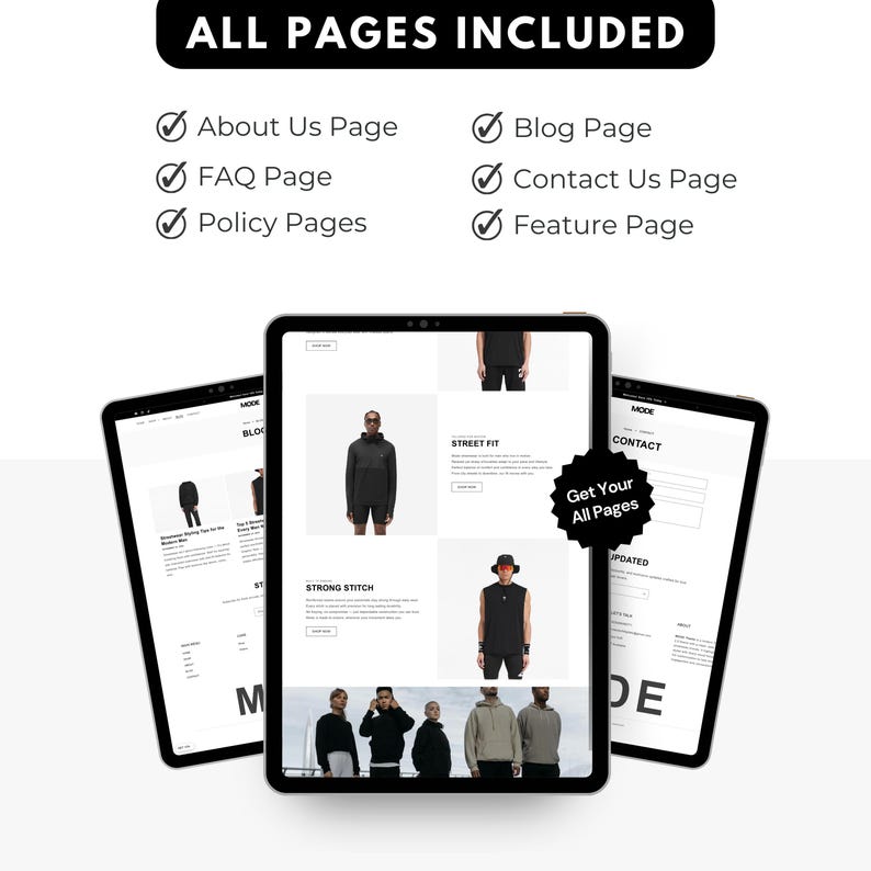 Może przedstawiać: Trzy tablety cyfrowe wyświetlające strony internetowe. G&oacute;rny tablet pokazuje "ALL PAGES INCLUDED" i wymienia strony internetowe. Środkowy tablet wyświetla stronę internetową z odzieżą. Trzeci tablet pokazuje stronę internetową z formularzem kontaktowym.