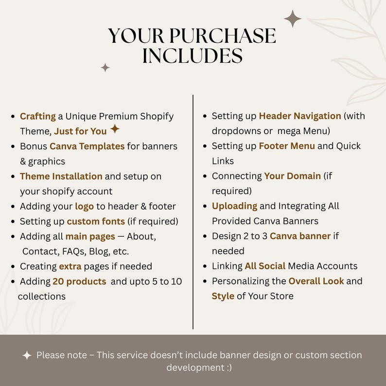 May include: A cream-colored graphic with the text "YOUR PURCHASE INCLUDES" and bullet points detailing Shopify theme setup, Canva templates, logo integration, and social media linking. The text is in a clean, modern font.