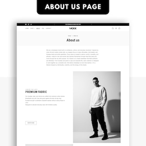 Streetwear Shopify theme About Us page layout with minimalist black and white design