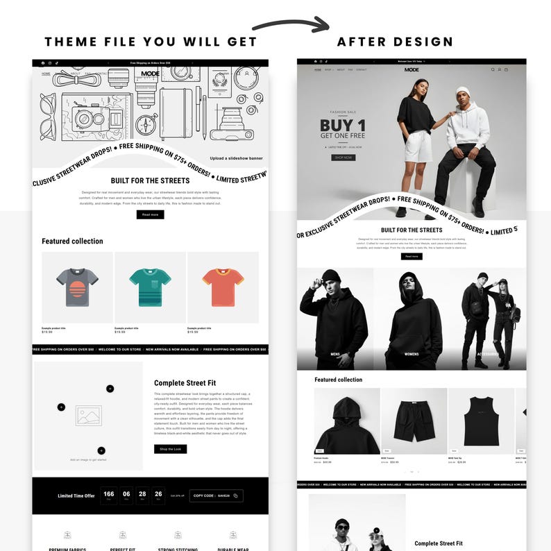Comparison showing the Shopify theme with and without demo images for clothing brands