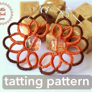 May include: A pair of brown and orange crocheted earrings with a clear bead in the center. The earrings are hanging from silver hooks. The text "tatting pattern" is written below the earrings.