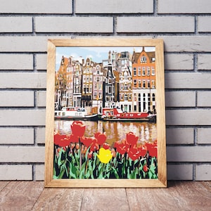 Amsterdam Canals Tulips Blooming Paint By Numbers For Adults Beautiful Acrylic Painting On Canvas Paint By Your Own Oil Wall Art Decoration