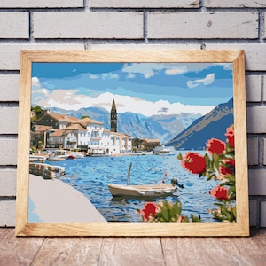 Croatia Perast Town Bay DIY Kit Paint by Numbers HandMade Picture Divided by Numbers Own Painting for Adult Unique DIY Set Paint on Canvas