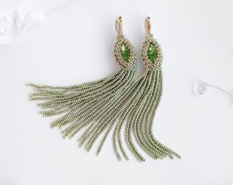 Green Long Tassel Beaded Dangle Earrings with Navette Crystals, Fashion Chandelier jewellery for Women with Gift Box