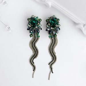 Green Long Tassel Dangle Rhinestone Chains Earrings with Emerald Swarovski Crystals Beaded Chandelier for Bride in Gift Box for Women