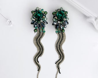 Green Long Tassel Dangle Rhinestone Chains Earrings with Emerald Swarovski Crystals Beaded Chandelier for Bride in Gift Box for Women
