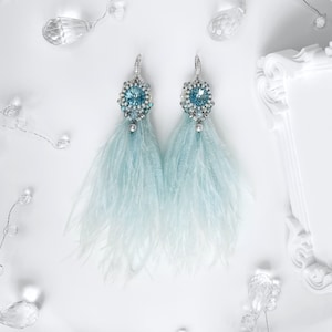 Blue Long Ostrich Feather Tassel Earrings with Swarovski Crystals Beaded Bridal Earrings in Gift Box