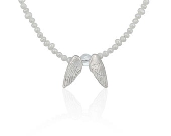 Pair Of Angel Wings In Freshwater Pearl Necklace With Quartz