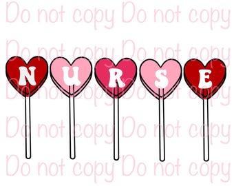 Puede incluir: Cinco piruletas en forma de corazón rojo y rosa con la palabra "NURSE" escrita en ellas.