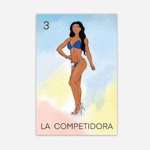 May include: Illustration of a woman in a blue bikini, number 3, and the words "LA COMPETIDORA" on a colorful background. The woman is wearing high heels and has long black hair.