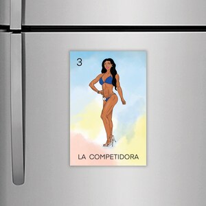 May include: A colorful illustration of a woman in a blue bikini and high heels. The image is a parody of a traditional Mexican playing card, with the number "3" and the text "LA COMPETIDORA" at the bottom.