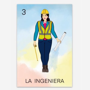May include: A colorful illustration of a woman wearing a yellow hard hat, a yellow safety vest, and blue jeans. She is holding a rolled-up blueprint and a measuring tape. The text "3 LA INGENIERA" is at the bottom of the image.