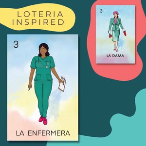 May include: A Loteria-inspired card with the number 3 and the text "LA ENFERMERA" at the bottom. The card features a cartoon illustration of a woman wearing a green medical uniform and a stethoscope. She is holding a clipboard.
