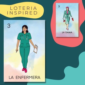 May include: A Loteria-inspired card with a watercolor background. The card features a woman wearing a green medical uniform and holding a clipboard. The number 3 is in the top left corner and the text "LA ENFERMERA" is at the bottom of the card.