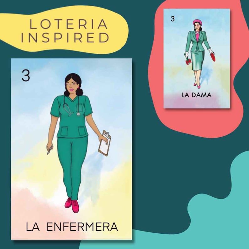 May include: A Loteria-inspired card with a watercolor background. The card features a woman wearing a green medical uniform and holding a clipboard. The number 3 is in the top left corner and the text "LA ENFERMERA" is at the bottom of the card.